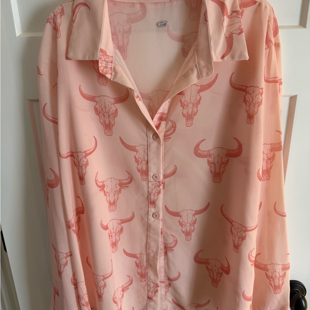 Lucky & Blessed Peach Bull Print women's blouse.